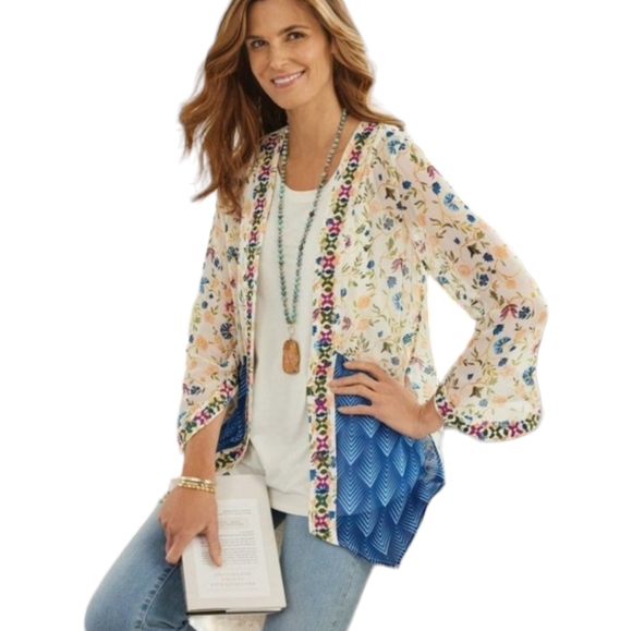 SOFT SURROUNDINGS Art Nouveau Topper Size S Embroidered Kimono Boho Beach Floral - Picture 3 of 11